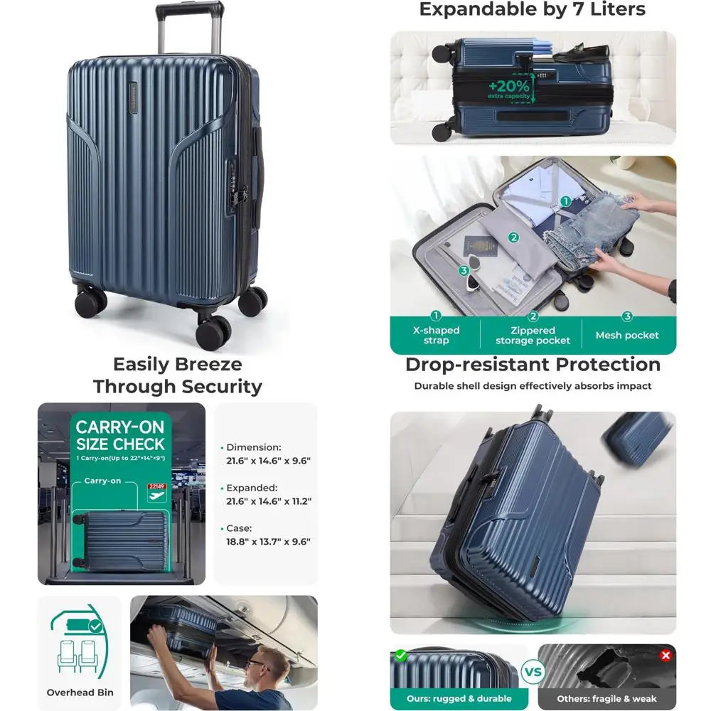 Lightweight 20 Inch Expandable Hardside Carry-On Luggage with Spinner Wheels, Airline Approved for Travel