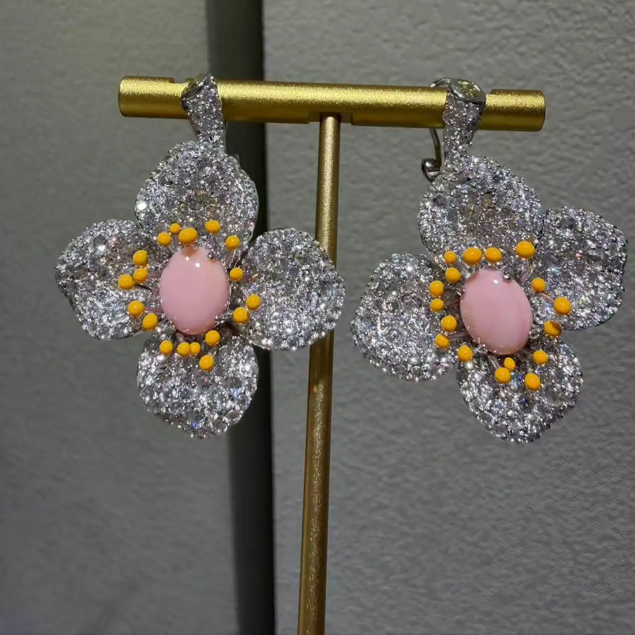 

pink color flower drop earring 925 sterling silver with cubic zircon fine women jewelry high quality