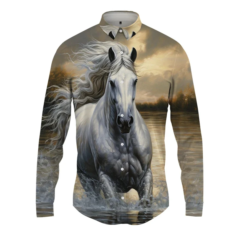 Hawaiian Long -sleeved Shirt Streets Harajuku Men's Spring Autumn Fashion Men's Button Shirt 3D Horse Print Camisas De Hombre