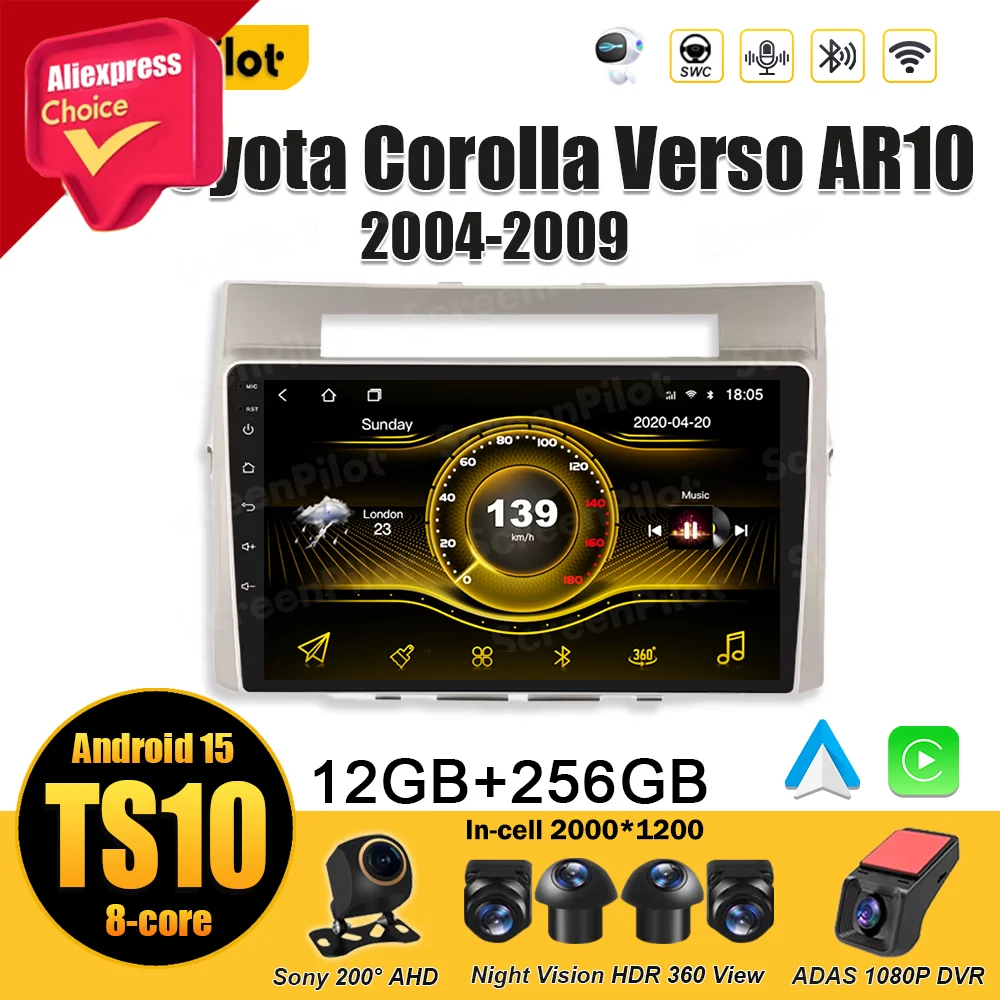 

Android 15 For Toyota Corolla Verso AR10 2004-2009 Car Radio Stereo Head Unit Mirror Link Bluetooth Touch Screen Wifi 5G RDS