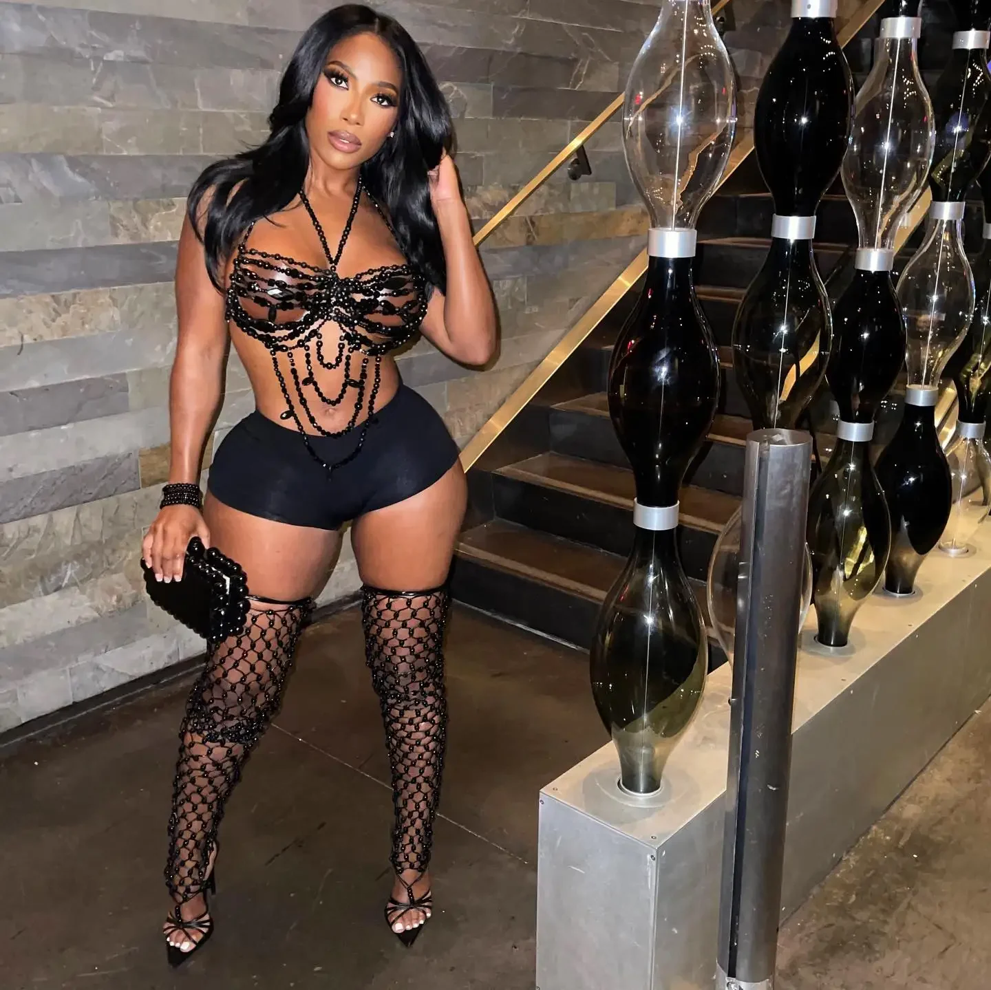 

Pointed-Toe Over-The-Knee Stiletto High-Heeled Sandals for Women Black Sexy Cutout Mesh Design Slim High Heels