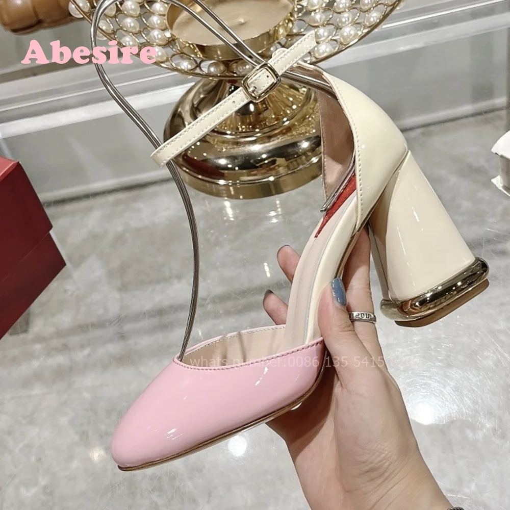 Black Patent Leather Buckle Pumps Chunky Heels Love Metal Decor Round Toe Women's Sandals Glossy Side Air Luxury Brand Shoes