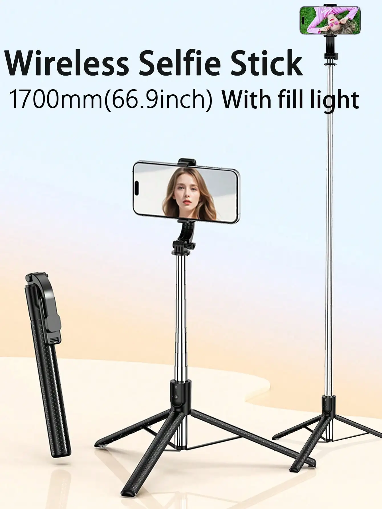 67-Zoll-Selfie-Stick mit verstärktem Stativ, multifunktionales, ausziehbares, tragbares Handy-Stativ mit Fernbedienung – Detail 2