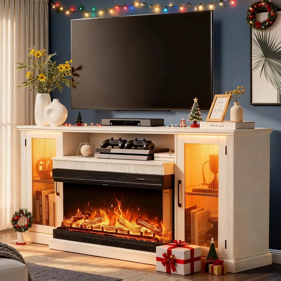 

70 3-Sided Glass Fireplace TV Stand with Stripe Glass Door Fits Up to 73 TV 36 Electric Fireplace 12-Color LED Variable Light E