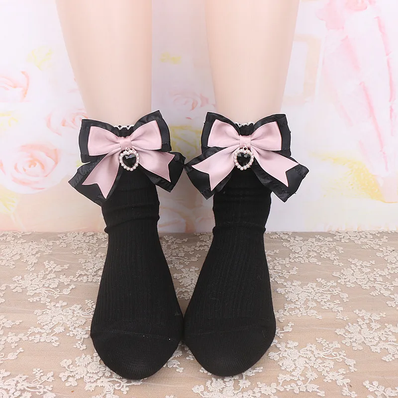 Chaussettes japonaises en pur coton faites à la main pour filles, nœud de succession mignon doux, blanc, noir, côté champignon, pendentif d'amour, créateur Kawaii