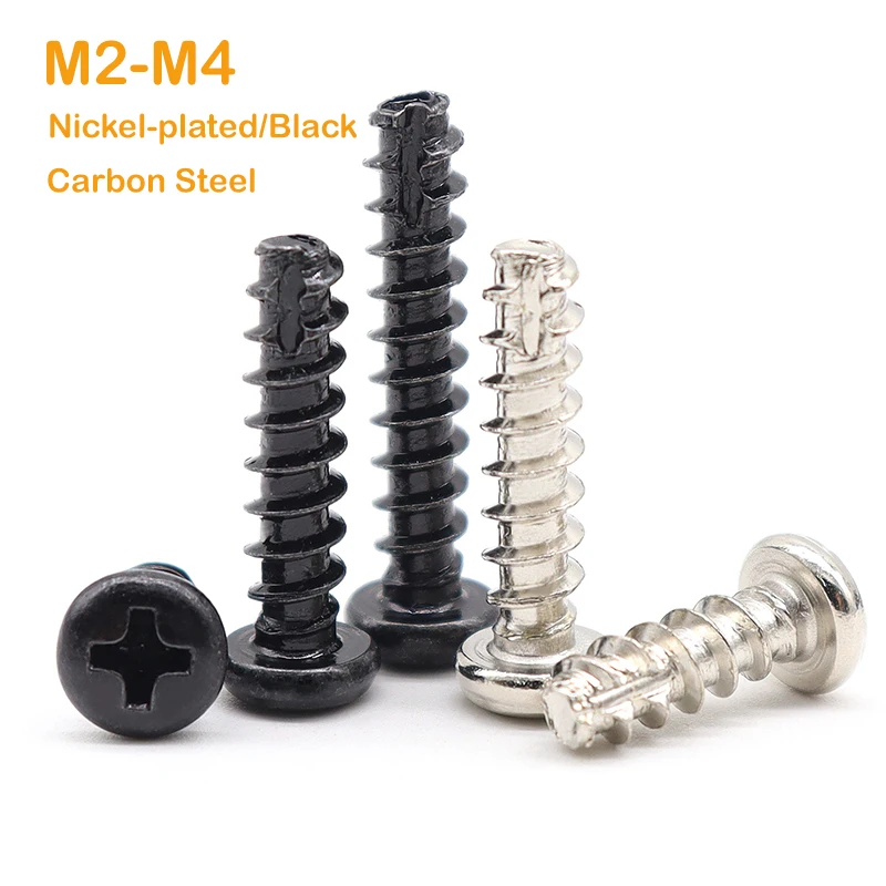 Tail-Cut Cross Recessed Screws M2 M2.3-M4 Nickel Plated/Black Carbon Steel Phillips Round Head Cutting Tail Self Tapping Screw