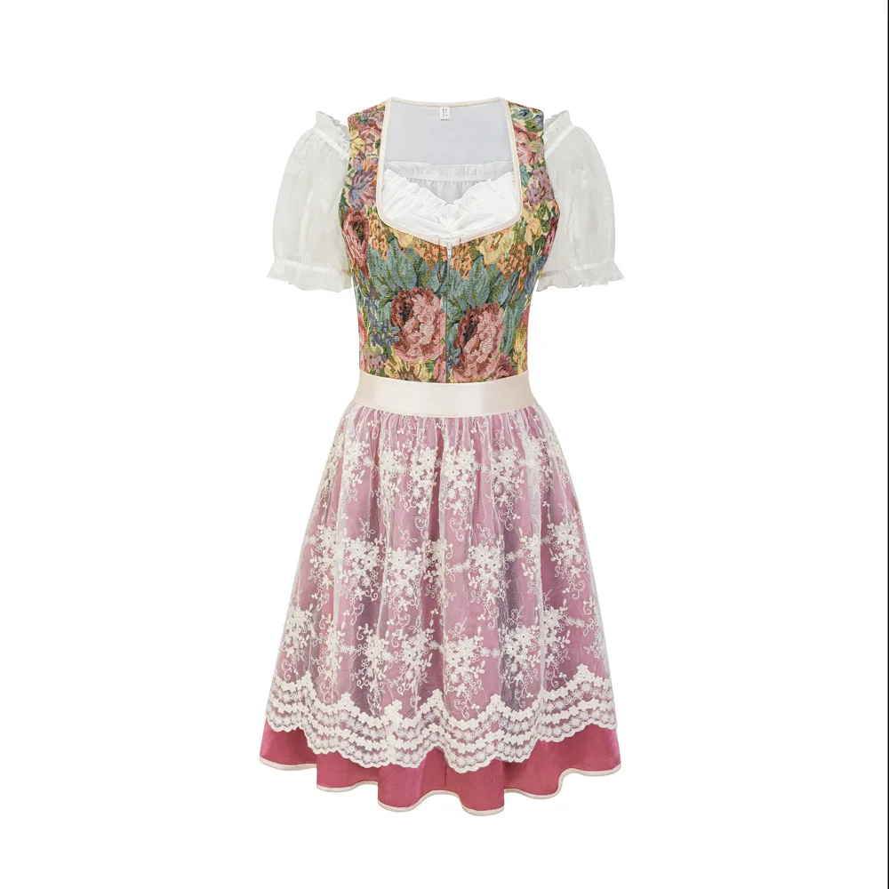 Pink Floral Pattern German Dress Oktoberfest Outfit Traditional Bavarian Costumes Women Sexy Beer Girl Costume With Lace Apron