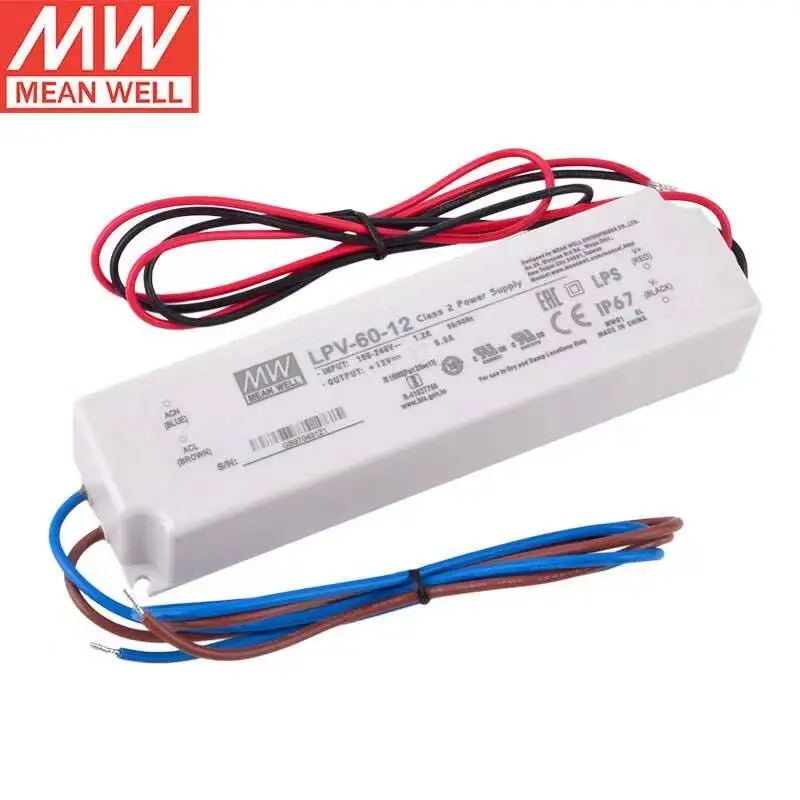 

Tai Wan Mean Well LPV-60-12 12V 5A 60W Single Output Switching Power Supply Fully encapsulated with IP67 level waterproof Consta