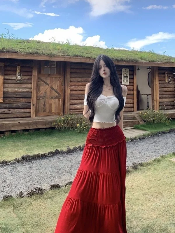 

Summer Beach Vacation Atmosphere One Shoulder Slim Fit Short Sleeve Top Red High Waist Gathered Long Skirt Two Piece Set
