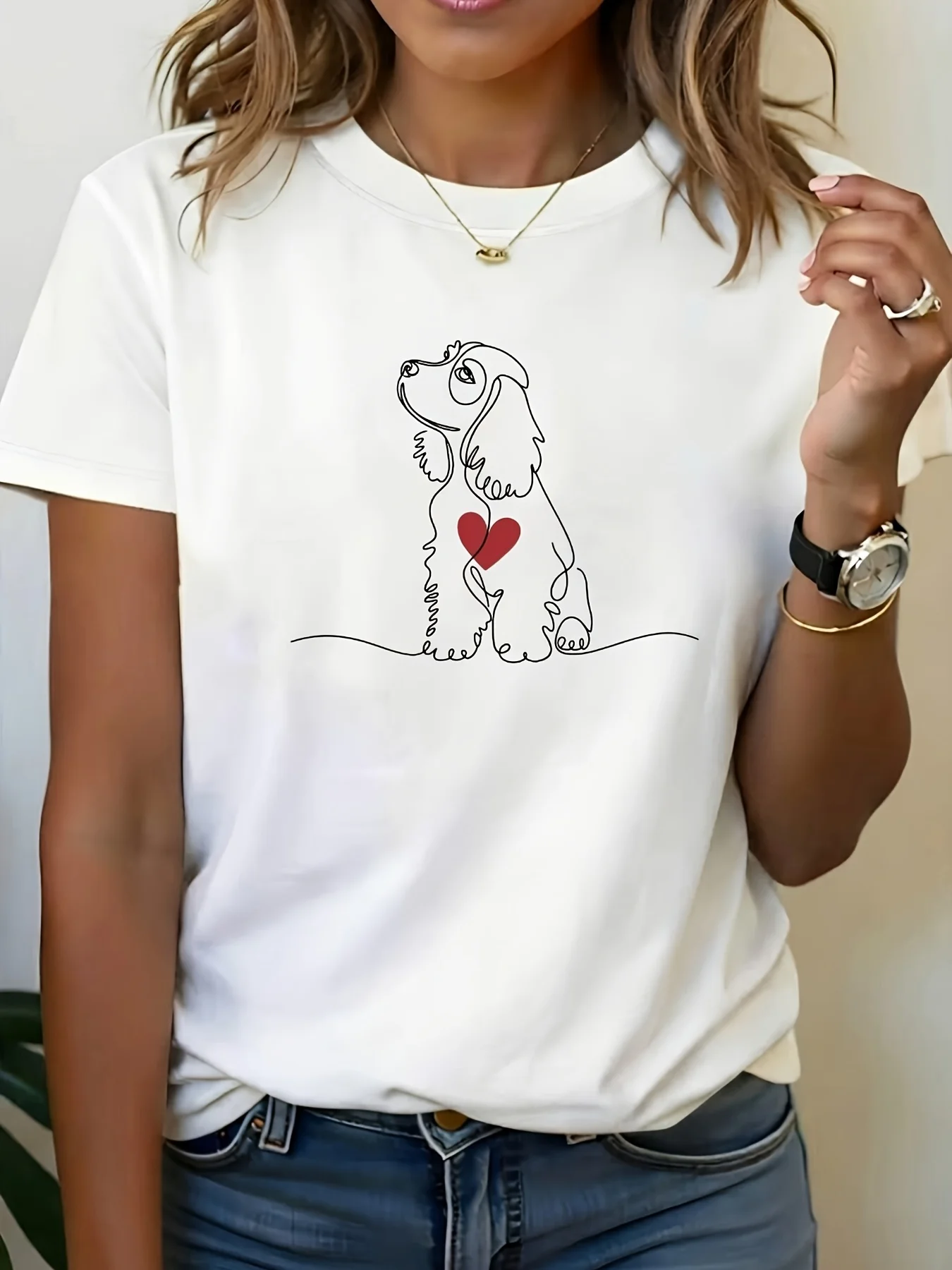 Love Cocker Spaniel One Stroke Short Sleeve Round Neck Printed T-shirt Personalized Casual Women's Round Neck T-shirt