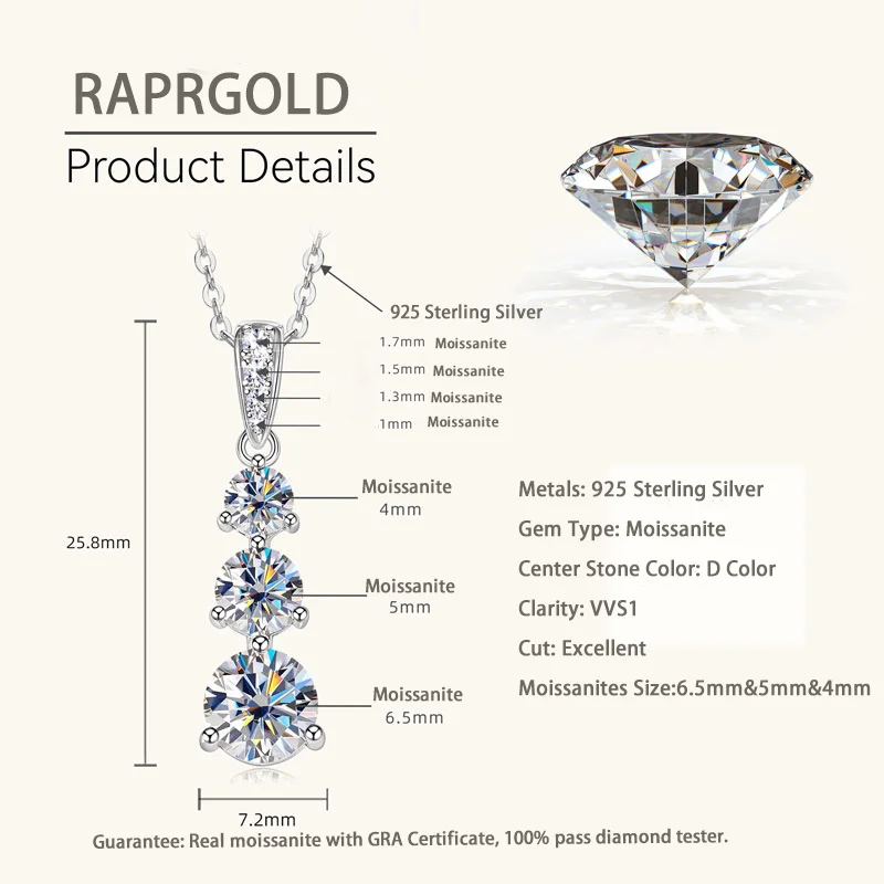 RAPRGOLD GRA Certified Round Moissanite Drop Pendant Necklace for Women S925 Sterling Silver Chains Wedding Neck Jewelry Gifts