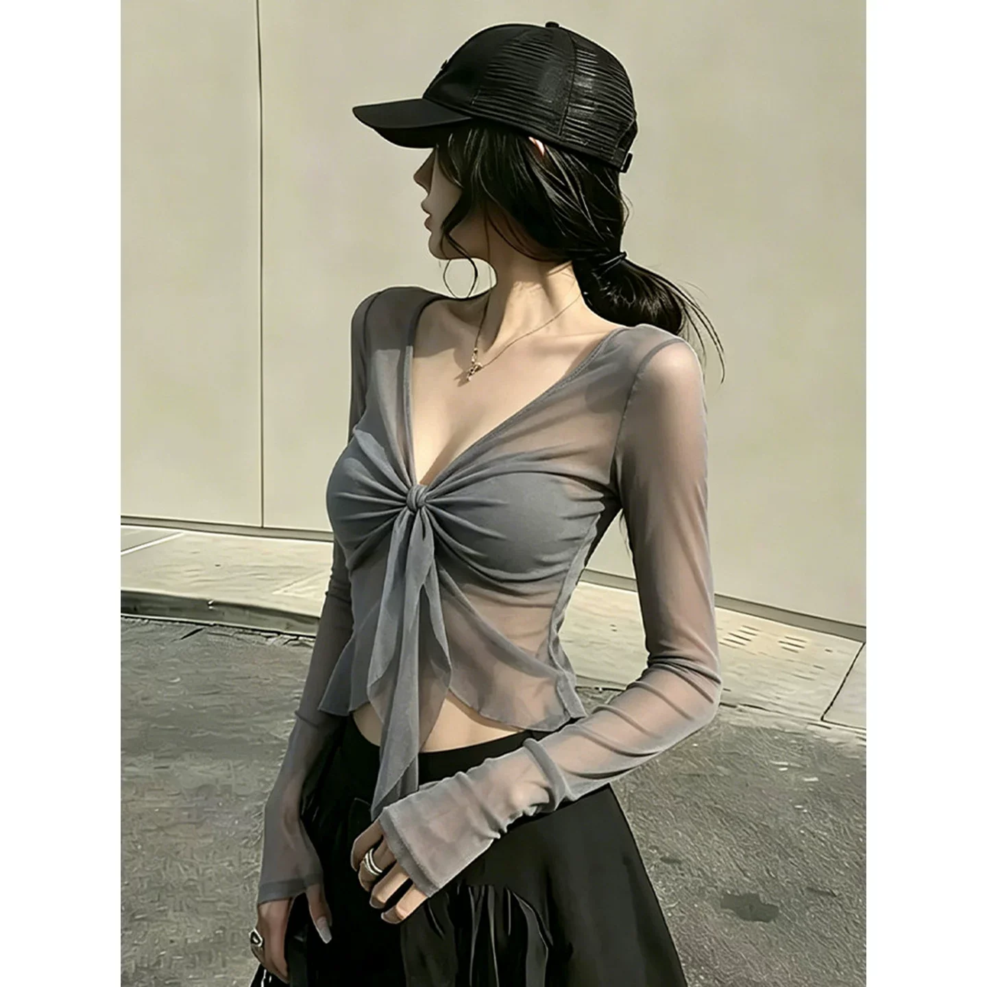 Hot girl style V-neck twisted knot sheer mesh long sleeve top for women, 2026 summer slim fit stylish elegant blouse