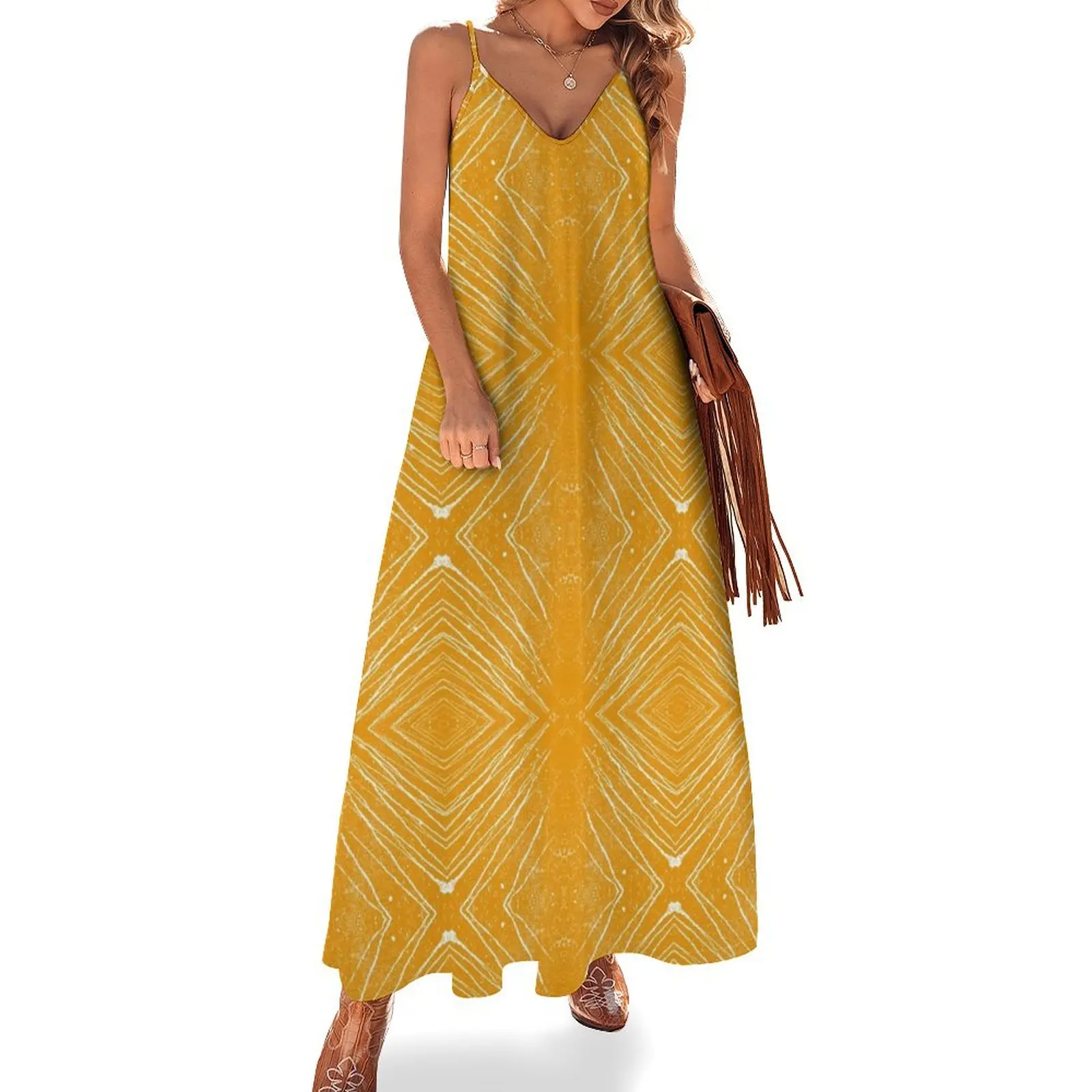 

Mustard Yellow Lines Paint Splashes Abstract Pattern Sleeveless Dress summer outfits for women 2025 wedding guest dress 2025