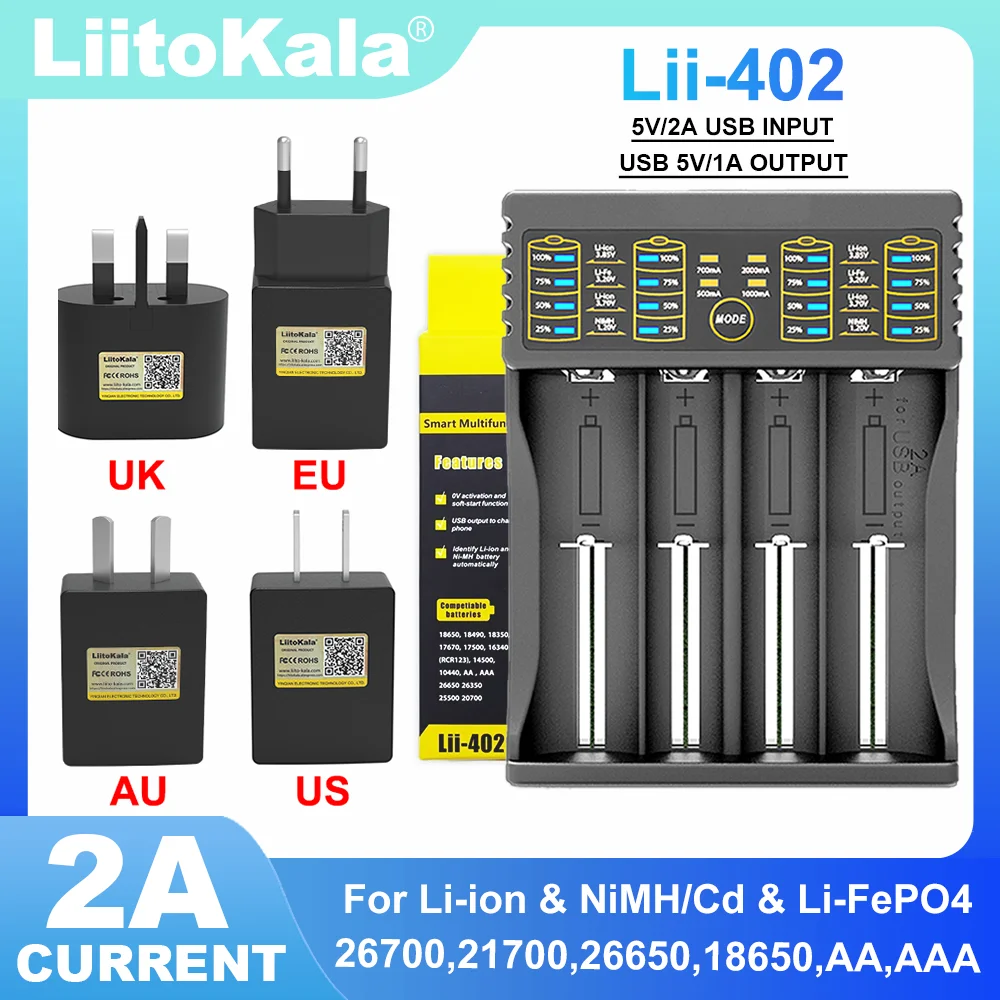 

Зарядное устройство Liitokala Lii-402 3,7 в, 12 В, 3,2 в, 3,8 в, литиевое 26650, 21700, 18500, 16340, 18350, Ni-MH, AA, AAA, 18650, вилка стандарта Австралии, ЕС, Великобритании, США