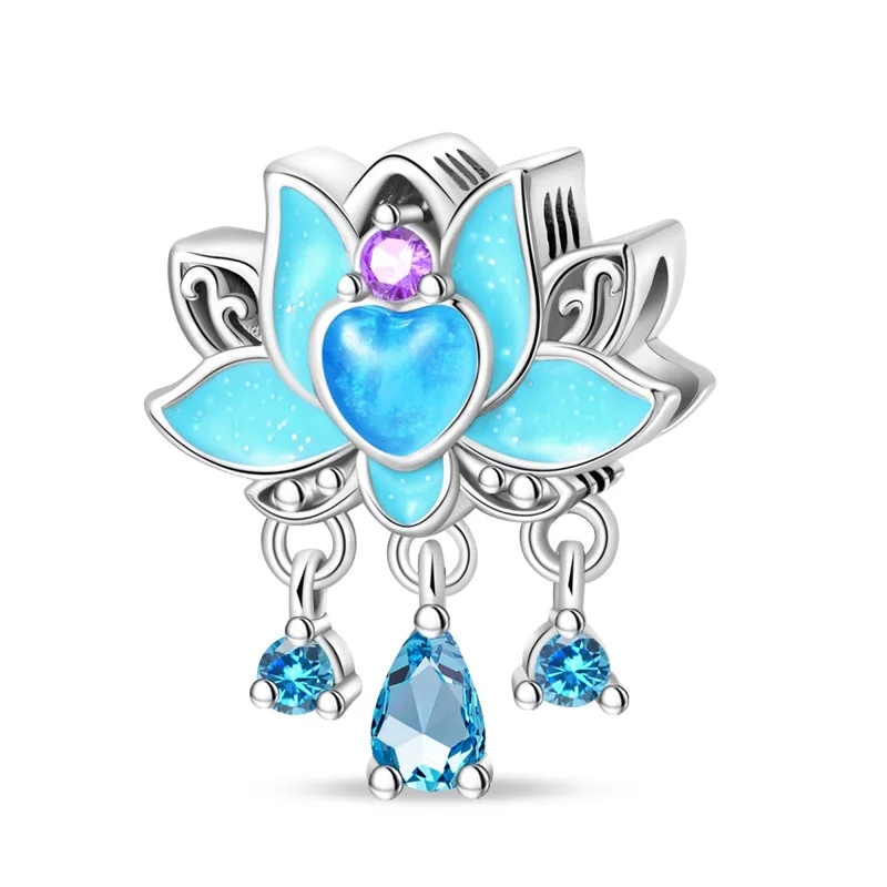 Original 925 Sterling Silver Glow Color Change Blue Lotus Charms Beads Dangle For Women Fine DIY Birthday Jewelry Party Gifts