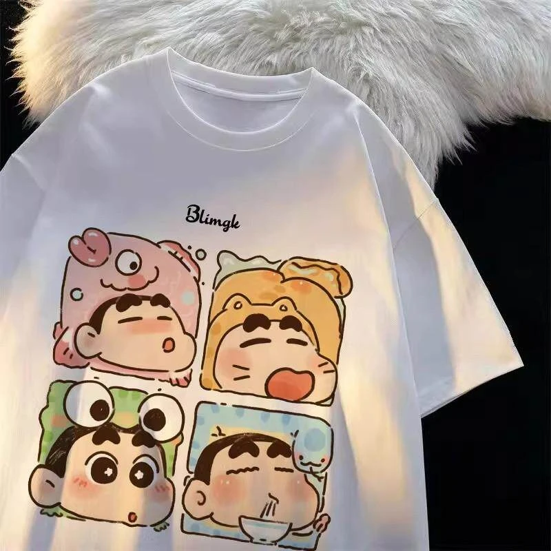 Kurzärmliges T-Shirt im japanischen Stil aus reiner Baumwolle mit Crayon Shin-chan-Motiv, lässiges Paar-Oberteil für Männer und Frauen