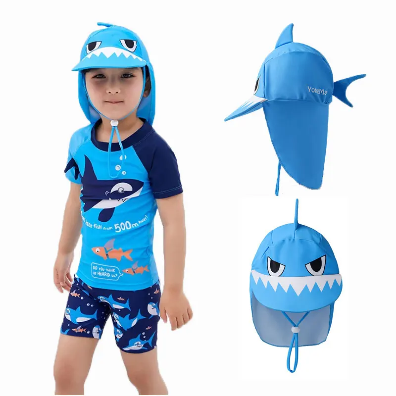 1-7Y Kids Child Boys Shark Style Two Piece Swimsuit Swimwear with 3D Sunhat Toddler Bathing Suit Beachwear Top Boyshort Blue