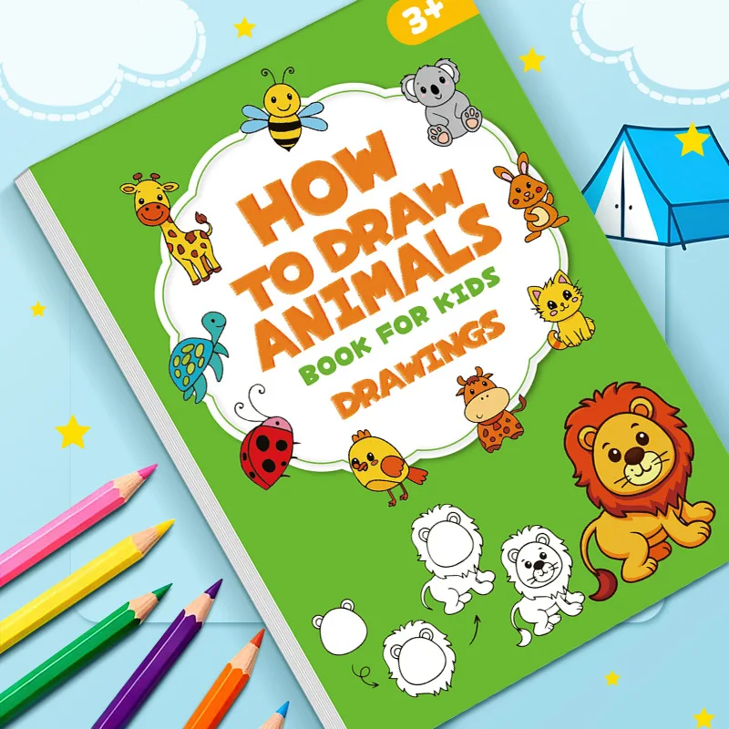 32 Pages Kids Step-by-Step Animal Drawing Workbook Cartoon Animal Sketch Tutorial Book Early Learning Art Practice Book Gift