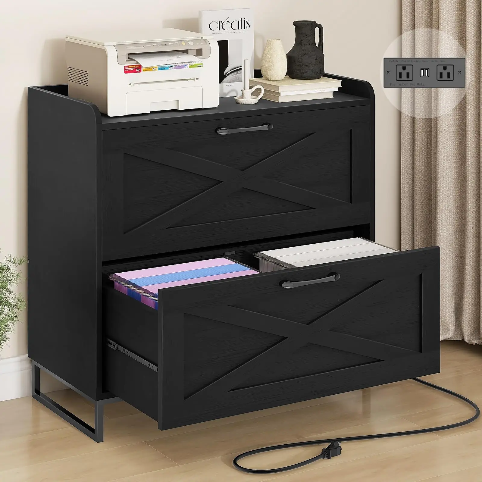 2 Drawer Lateral File Cabinet with Charging Station, Black