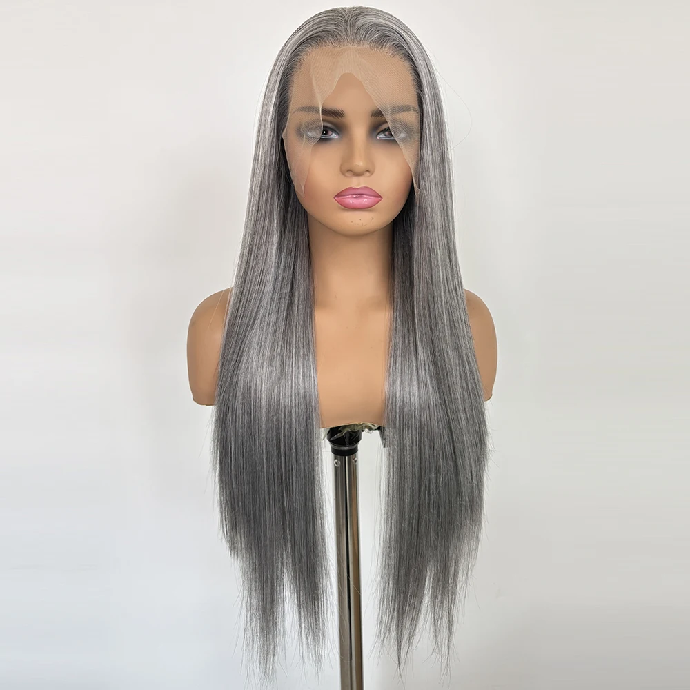 Charisma 13x4 Grey Synthetic Lace Front Wig Glueless Wigs HD Lace Frontal Wig 180 Density Pre Plucked Long Straight Wigs