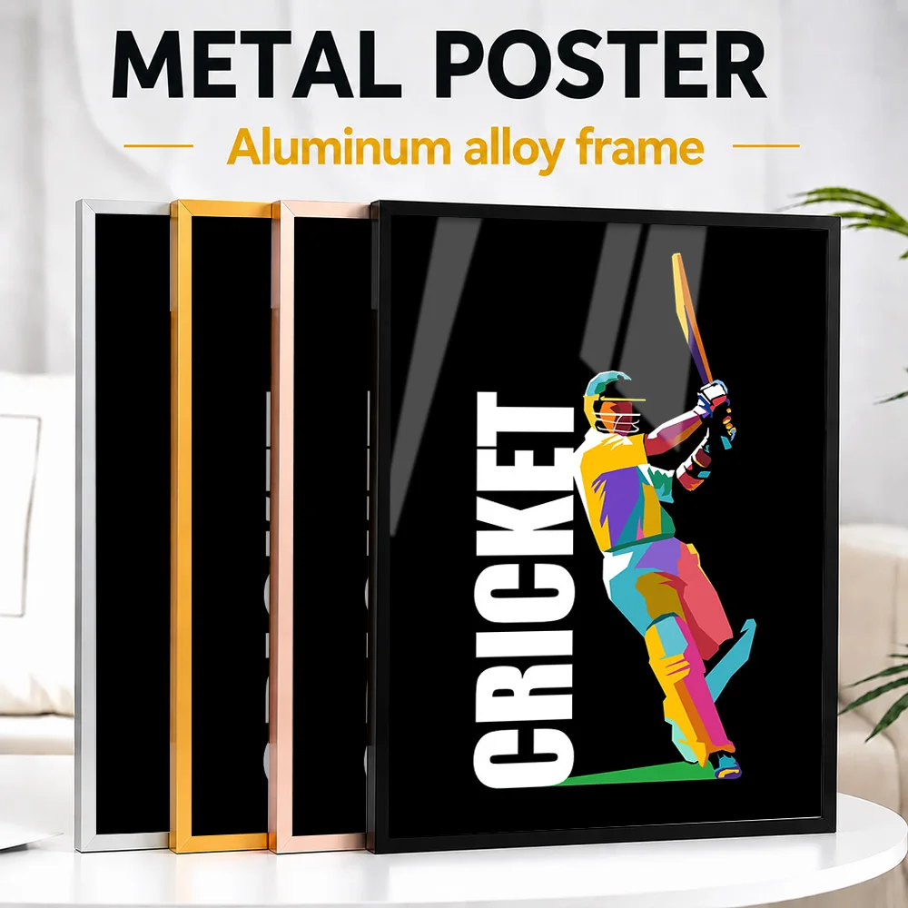 Cricket Batter Colorful Pop Illustration Metal Poster With Aluminum Alloy Frame Customized Geometric Wall Art For Sports Lounge