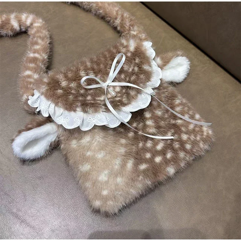 Japanische Hirsch gefleckte Band Plüsch Unterarm Umhängetasche, Mori Girl Elch flauschige Frauen Geldbörse, Winter süße Woodland Fairycore Handtasche – Detail 6