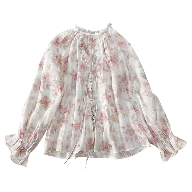 Lantern Long Sleeve Oversize Loose Spring Summer Blouses Shirts Ladies Tops Lace-up Floral Printed Blouse For Women Lightweight