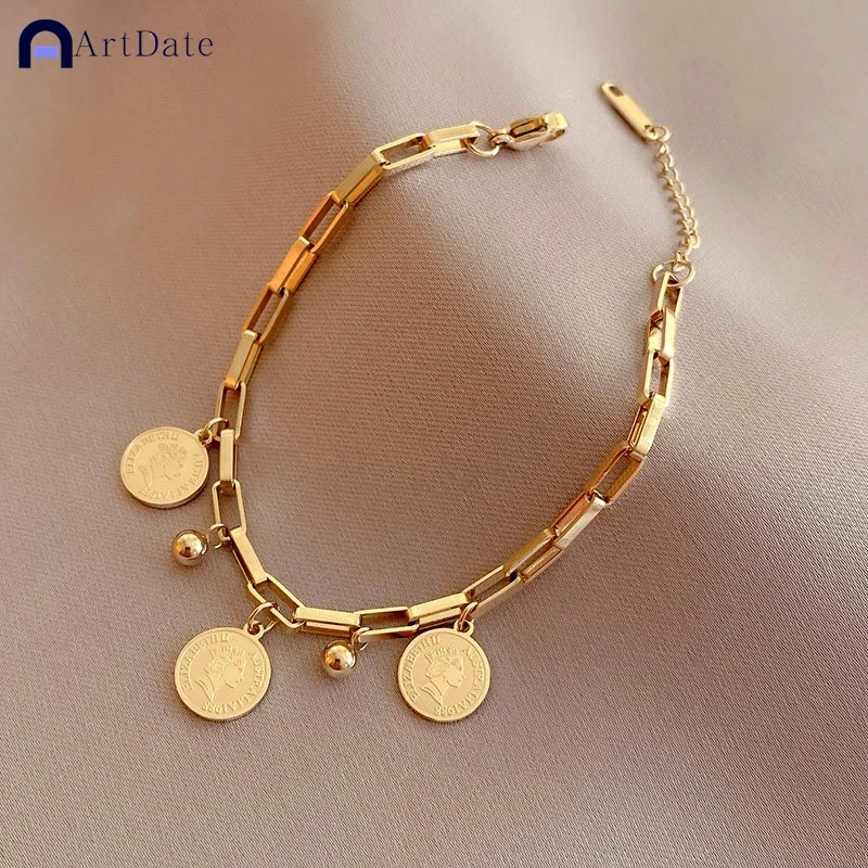 ArtDate 1pcs Gold-color Bracelet Ladies Hip Hop Style Stainless Steel Round Sign Portrait Pendant Wide Cross Chain Jewelry