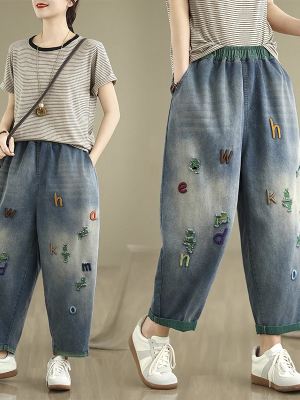 

Summer Casual Large Size Embroidered Denim Pants Loose Slimming een Hole Color Blo Cuff Nine Points Harlan Pants