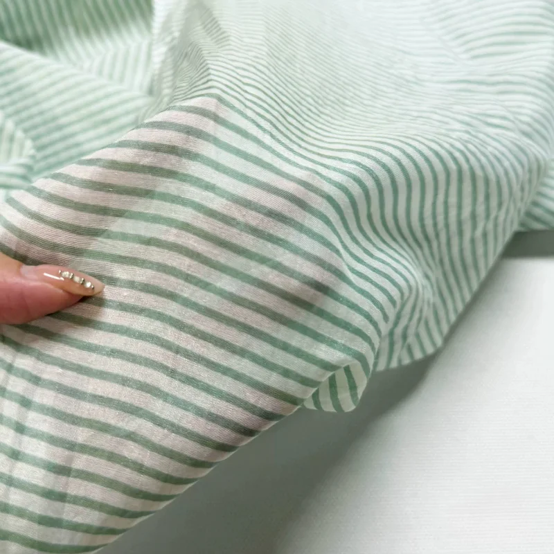 Light Green Horizontal Stripe Silk Cotton Satin Fabric Semi Sheer Dress Curtain Tablecloth DIY Handmade Sewing Craft Material view 4