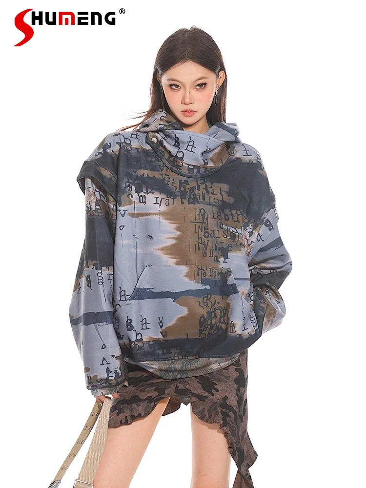 

Fashion 2024 Early Autumn New Feminine Abstract Printing Design Oversize Hooded Hoodie Women's Long Sleeve Loose Comfort Tops