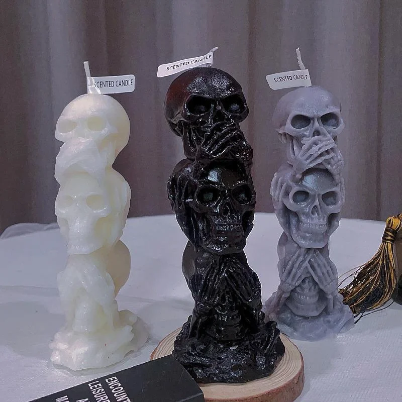 Halloween Triple Skull Candle Horror Series Don’t See Hear Speak Skull Aromatherapy Candle Home Decoration Gothic Party Prop