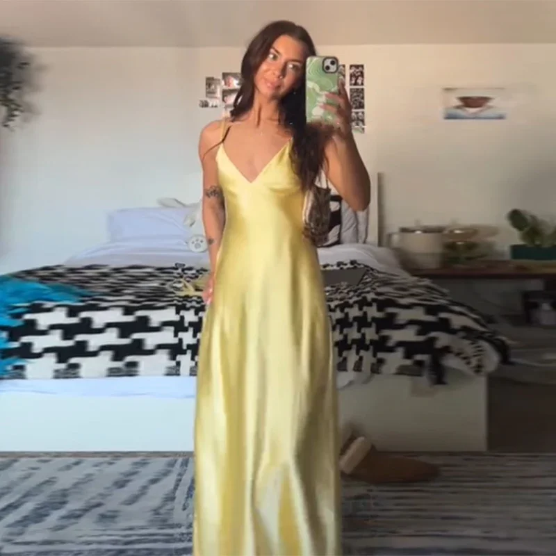 Women Solid Satin Sling Long Dress Casual Backless Sleeveless V-neck Pleated Gowns 2026 Summer Vacation Evening Party Robes