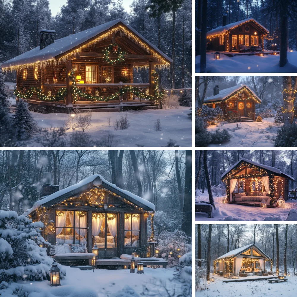 

Photography Background Winter Christmas Snowy Forest Wooden House Gift Kids Family Portrait Decor Backdrop Photo Studio