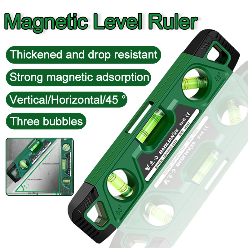 Three Bubble Mini Magnetic Level Ruler High-Precision Horizontality Gauge 0° /45° /90°  225MM Shockproof Measuring Level Gauge