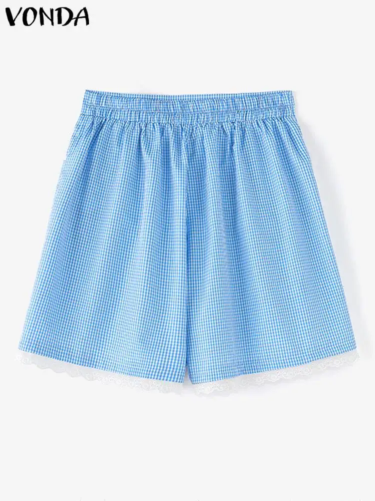 VONDA Women Plaid Shorts 2024 Fashion Casual Bohemian Holiday Summer Bottoms Party Oversized Printed Loose Lace Patchwork Shorts