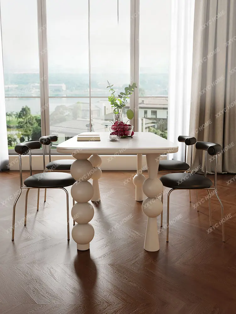 French Solid Wood Roman Column Art Stone Plate Dining Tables and Chairs Set Home Modern Simple White Matte Stone Plate Dining