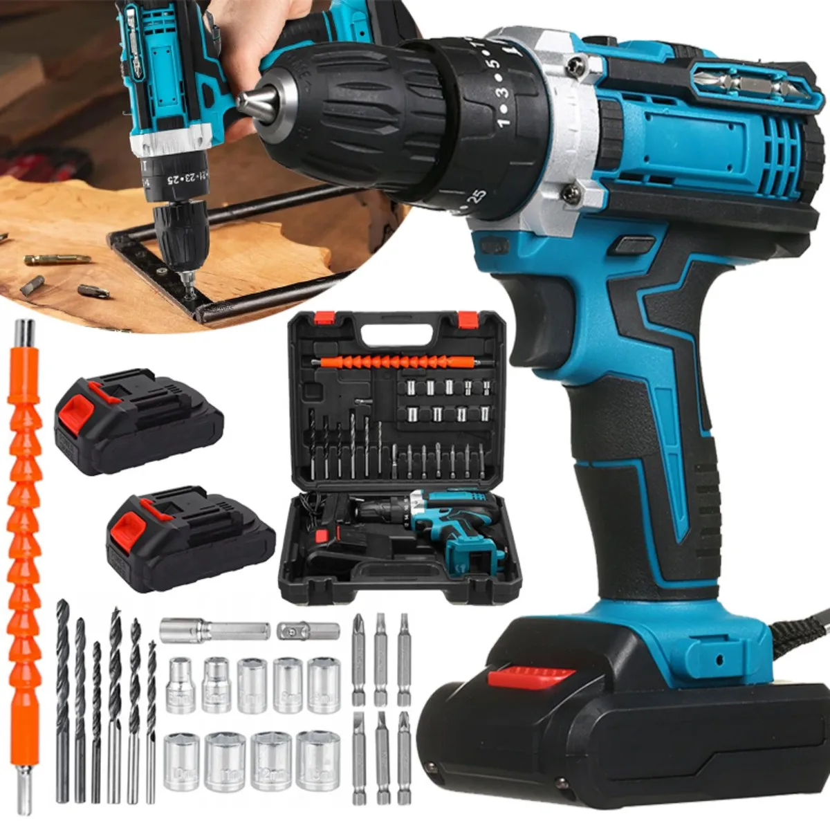 Комбинированный комплект дрели 36VF, 2 аккумулятора и быстрое зарядное устройство и портативный корпус с рабочим освещением, 2 регулируемые скорости