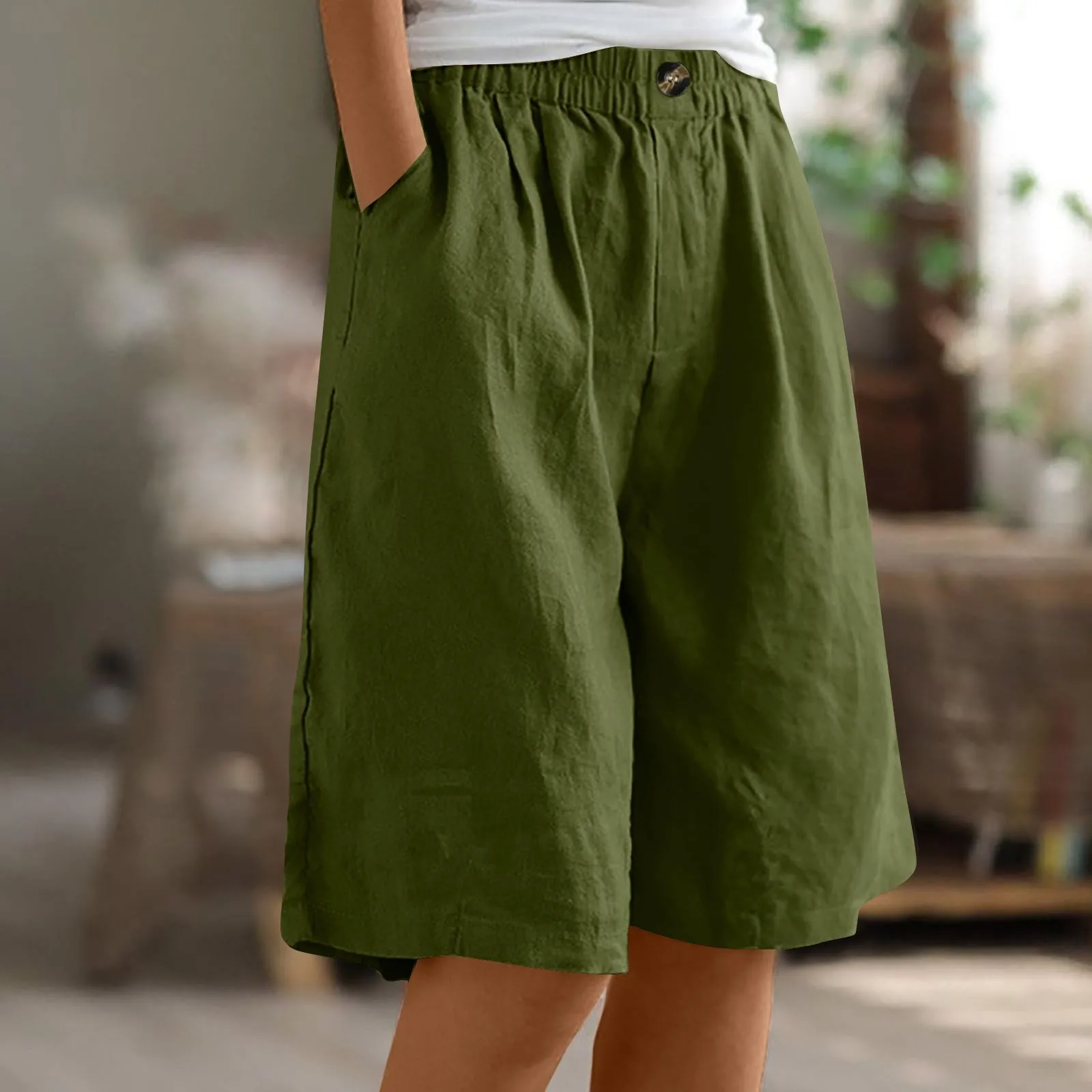 Women\'s Fashion Solid Color Pants Pocket Button Up Capris Loose Elastic Waist Cotton Linen Shorts