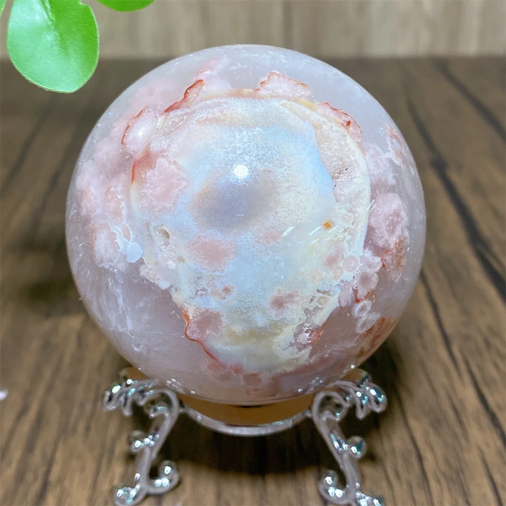 

1PC Natural Crystals Pink Flower Agate Spheres With Quartz Druzy Polished Reiki Healing Room Decor Energy Gifts+Stand