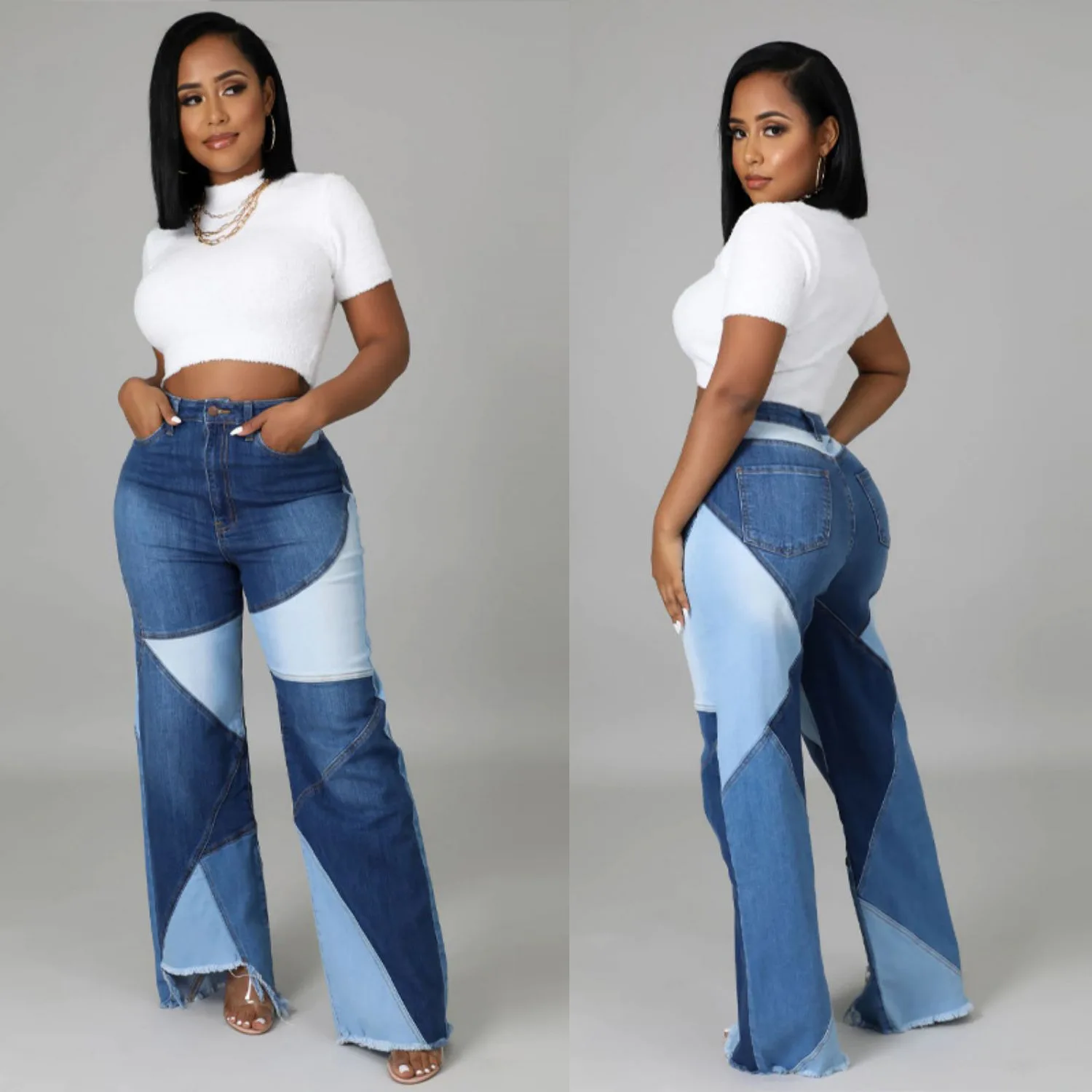 

Blue Flared Denim Trousers Women's Street Style Panelled Loose Cotton Frayed Hem Jeans