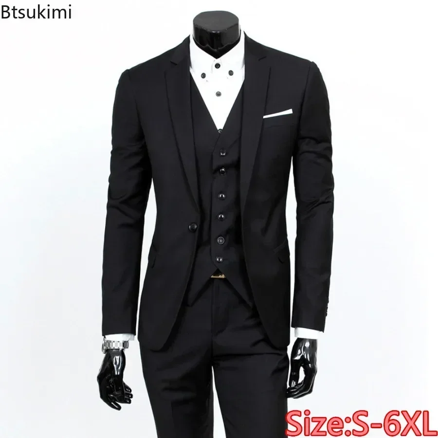 2025 Men\'s Suit Three Piece Sets (Blazers+Vest+Pants) Fashion Solid Slim Business Party Gown Wedding Groom Dress Suit Plus Size