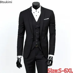 2025 Men's Suit Three Piece Sets (Blazers+Vest+Pants) Fashion Solid Slim Business Party Gown Wedding Groom Dress Suit Plus Size