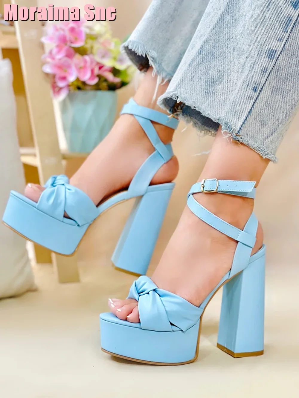 Platform Knot Decor Peep Toe Sandals Block High Heel Ankle Cross Strap Buckle Women Shoes Summer Purple Solid Sexy Fashion 2023