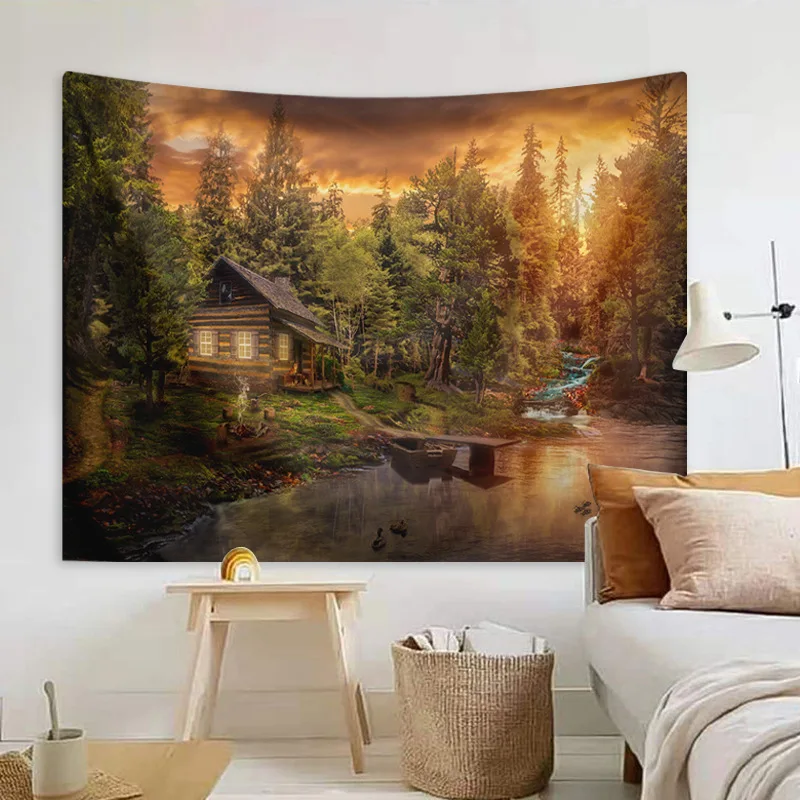 Natural Forest Chalet By The Lake Wall Tapestry Nordic Landscape Tapestry Forest Suspension Bridge Wall Hanging Home Decoration