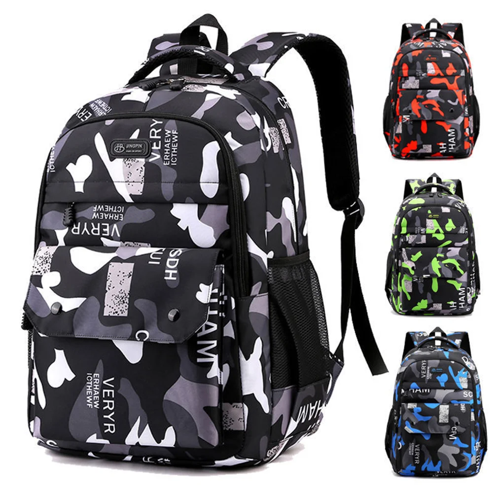 Mochila estampada camuflada para o ensino médio e médio, grande capacidade, meninos e meninas, casual