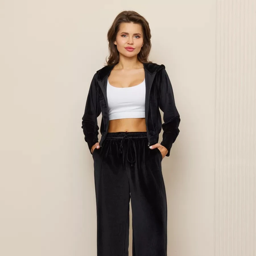 2026 New Women 2 Piece Tracksuit Zip Up Drawstring Cropped Hoodie Elastic Waist Side Stripe Wide Leg Pants Casual Matching Set