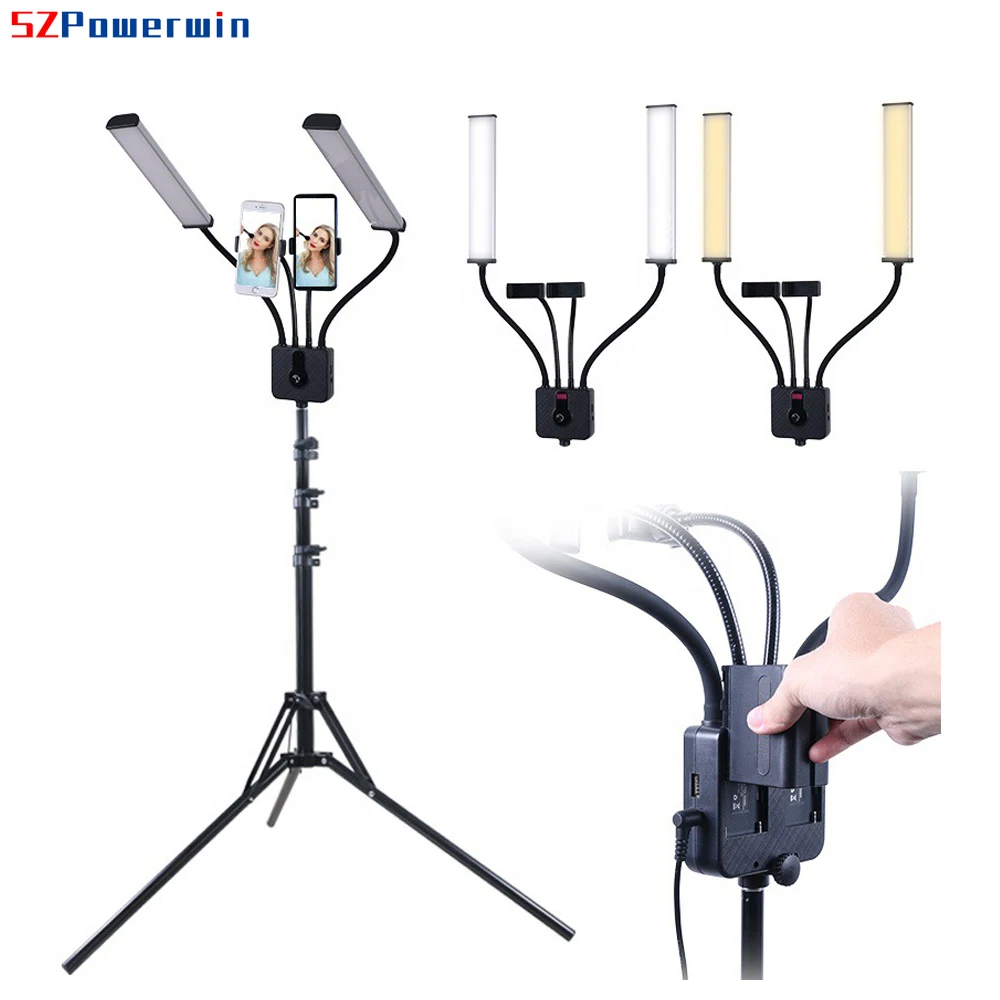 Powerwin 22 Inch Photo Studio Video LED Dual Arm Light Flexible Dimmable Lamp Tube Bi-Color Double Phone Holder Without Tripod