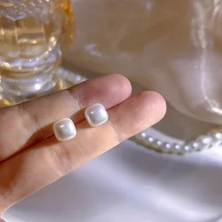 White Color 8mm Square Imitation Pearl Stud Earring for Women Elegant Romantic Temperament Jewelry Accessories Wedding Girl Gift