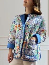 Abrigo de invierno con estampado estético abstracto, chaqueta informal de algodón con cuello redondo y botonadura única, prendas de vestir acolchadas ligeras y sueltas a la moda